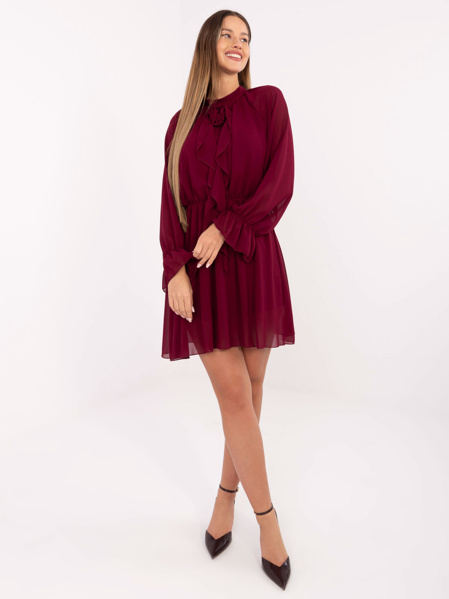 eng_pl_Burgundy-flared-dress-with-ruffles-RUE-PARIS-415411_1 Bordo koktajl obleka z volanom - slika 1